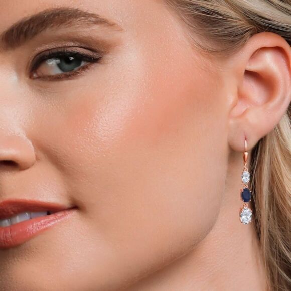 18K Rose Gold with 6.20Cttw 3 Stone White Topaz and Blue Sapphire Drop Earrings - Picture 3 of 5